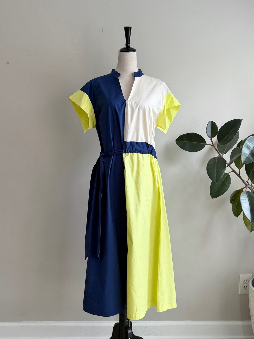 Lima Italian Color Block Tie Belt Poplin Midi Dress XL